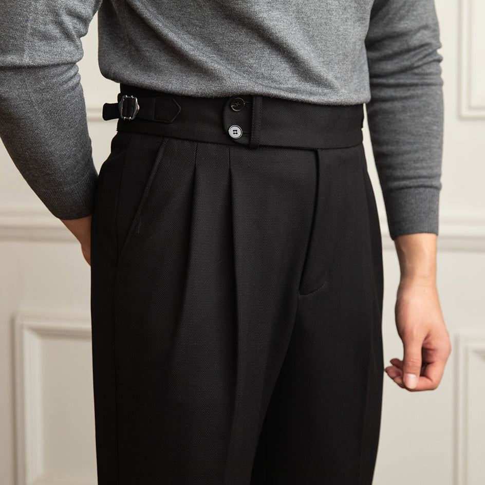 Tuscany Herringbone Wool Blend Double Pleated Trousers