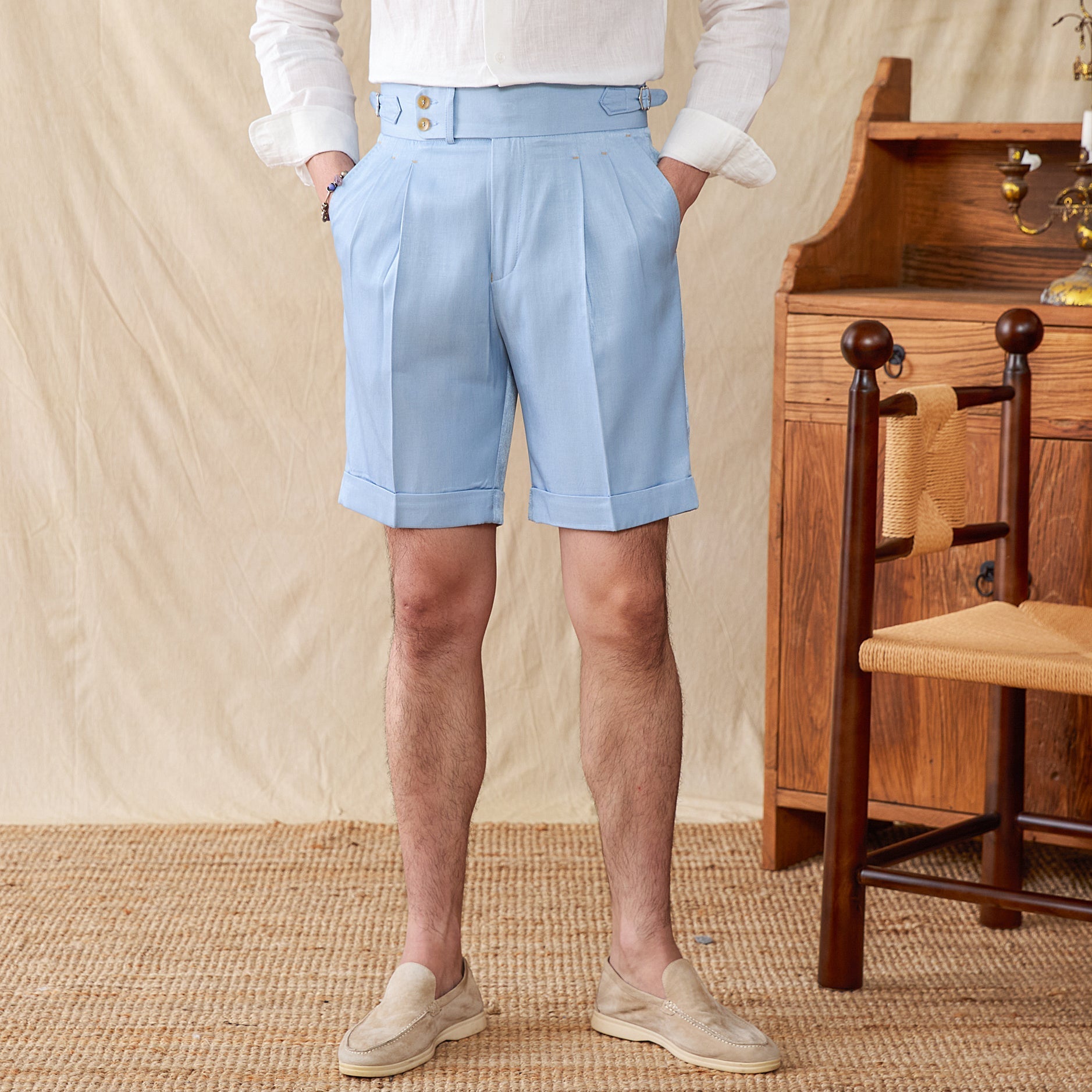 Saville Cotton Blend Pleated Shorts