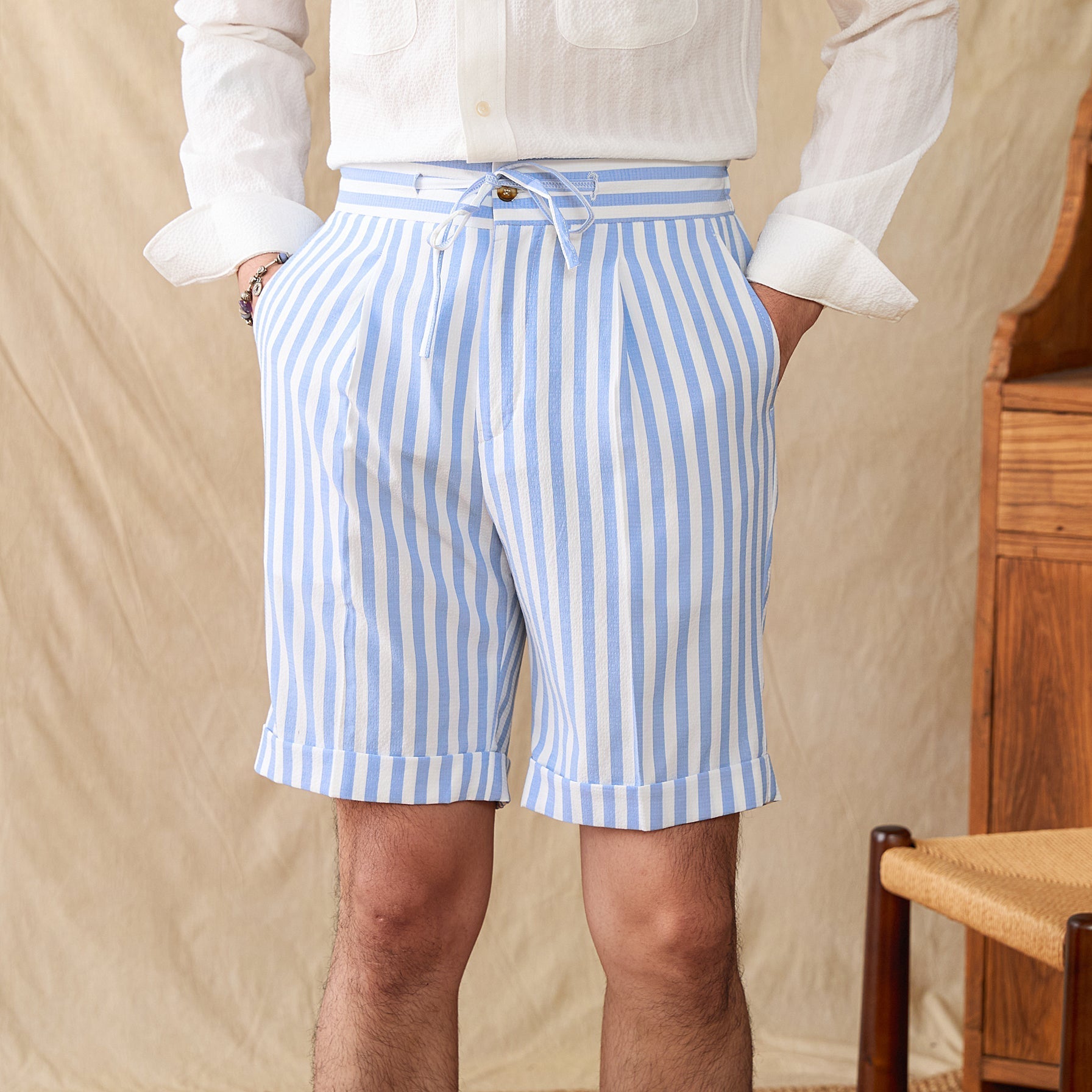 Cannes Striped Seersucker Pleated Shorts