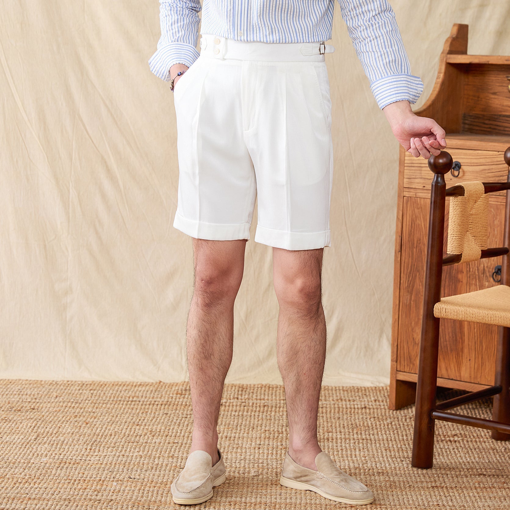 Saville Cotton Blend Pleated Shorts