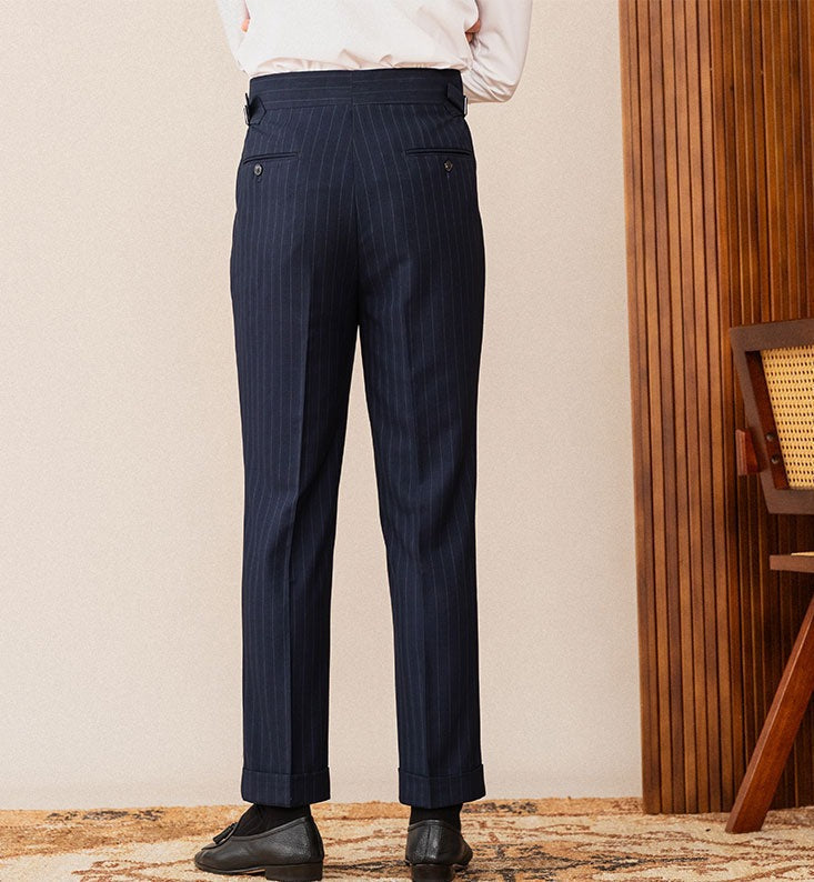 Wall Street Pinstripe Double Pleated Straight Fit Trousers