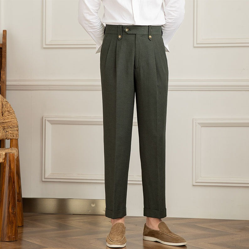 Roma Linen Blend Double Pleated Straight Fit Trousers