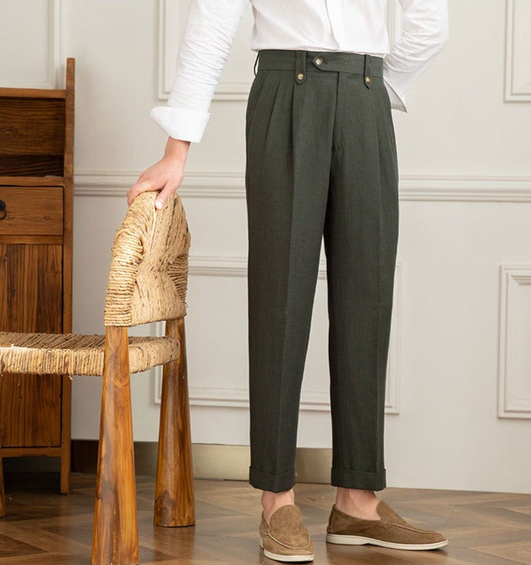 Roma Linen Blend Double Pleated Straight Fit Trousers