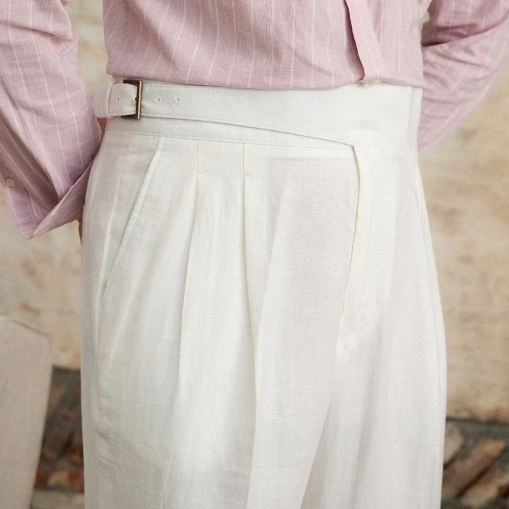 Azure Linen Blend Pleated Trousers