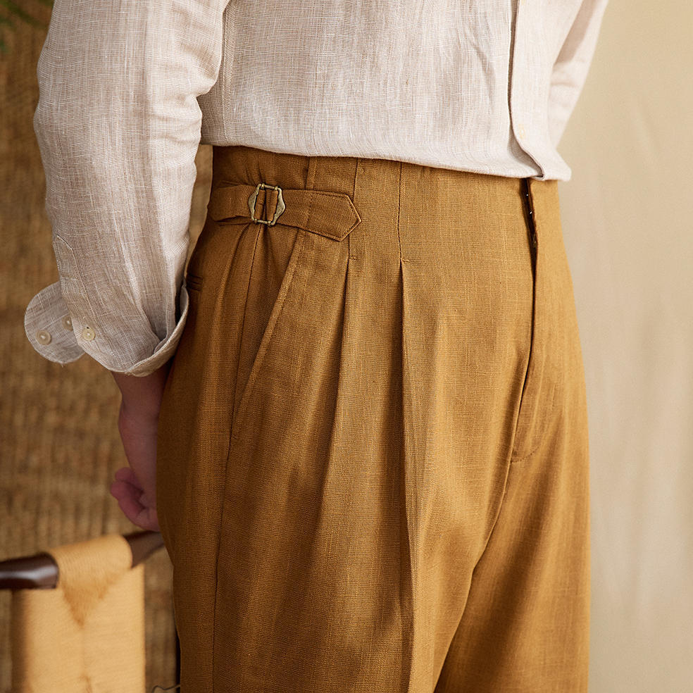 Semplice Linen Blend Double Pleated Straight Fit Trousers