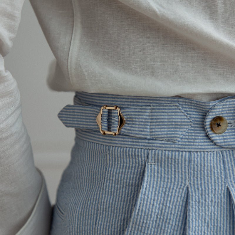 Capri Seersucker Pleated Trousers: Soft Blue