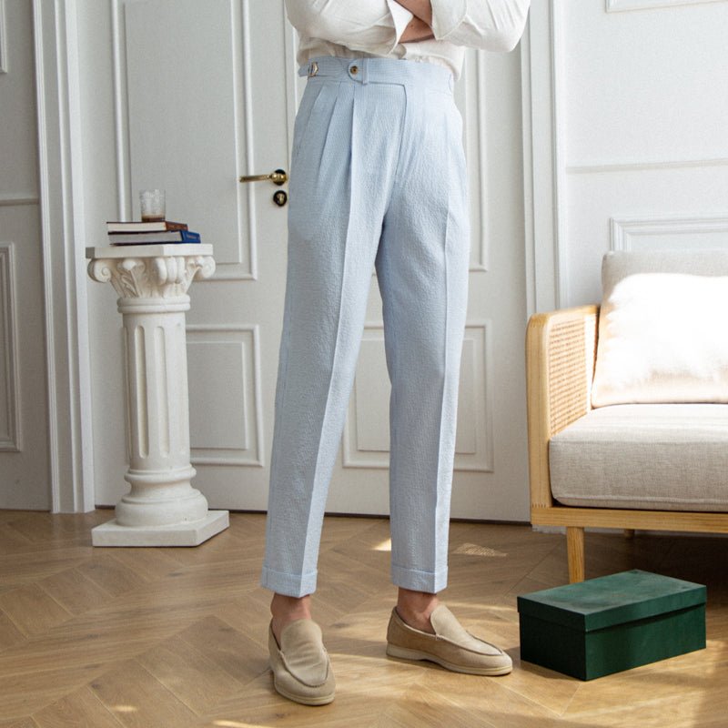 Capri Seersucker Pleated Trousers: Soft Blue