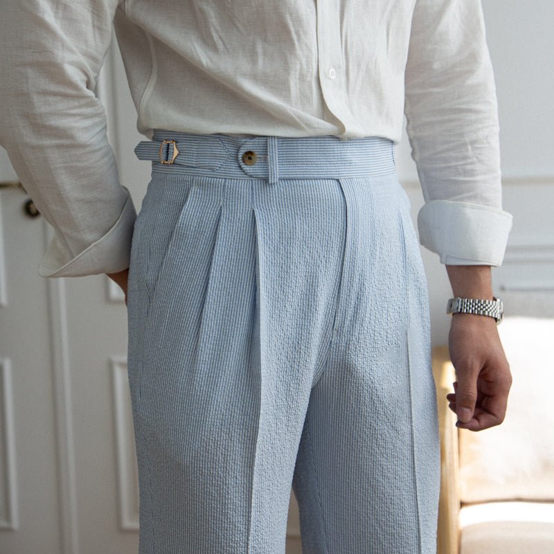 Capri Seersucker Pleated Trousers: Soft Blue