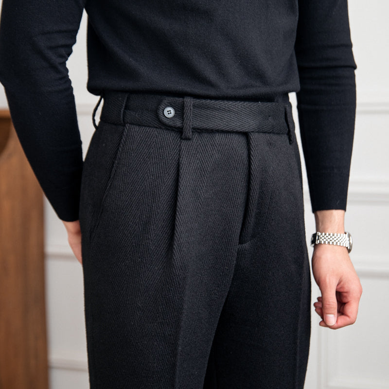 Julio Wool Blend Herringbone Trousers - Black