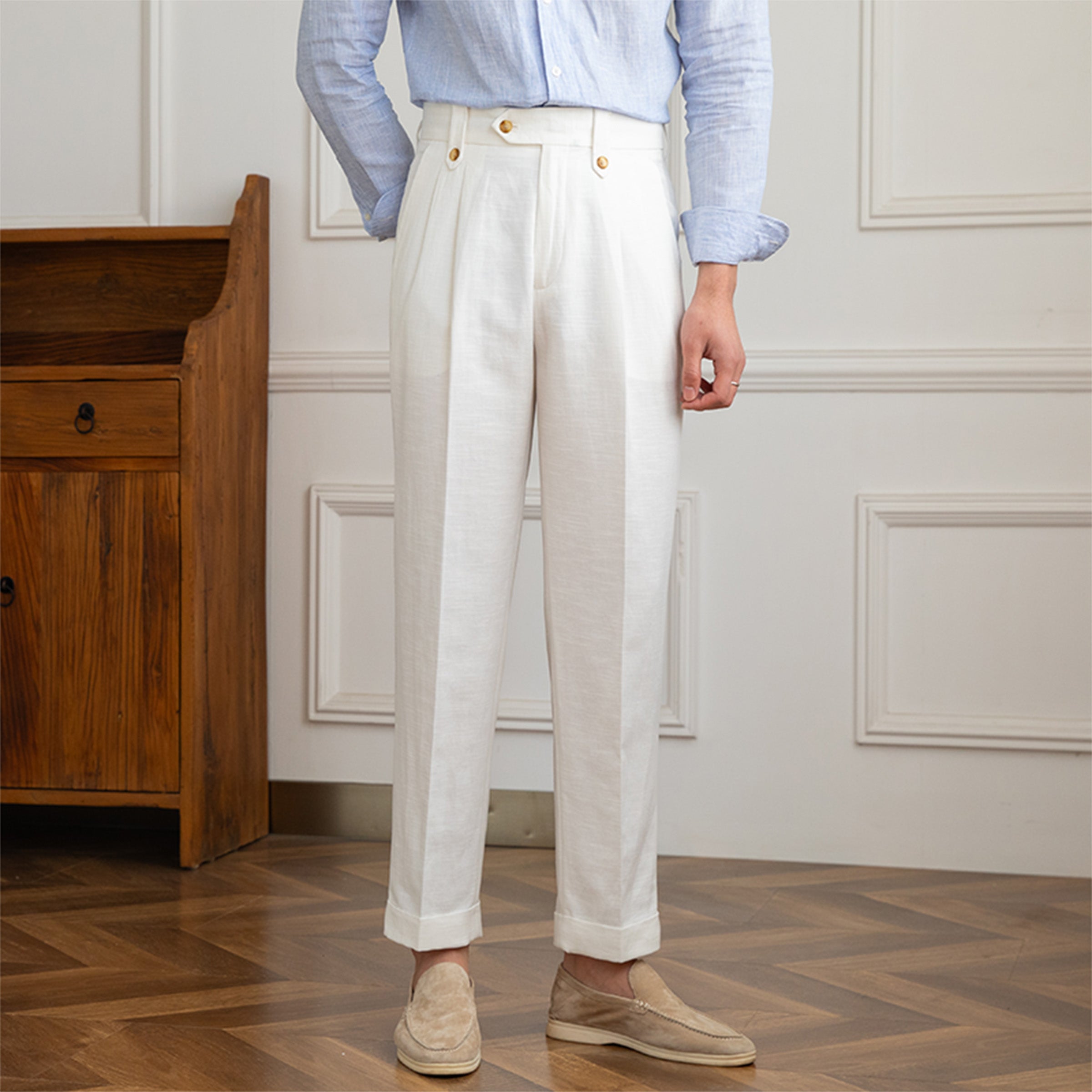 Roma Linen Blend Double Pleated Straight Fit Trousers