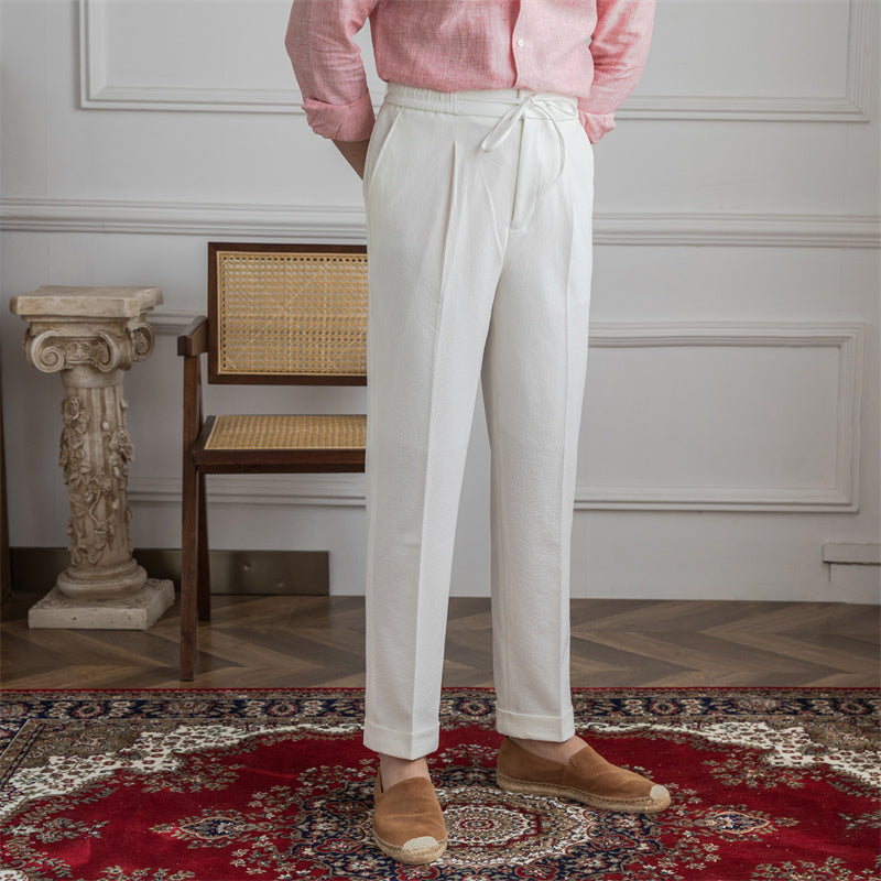 Corsica Seersucker Drawstring Trousers - White